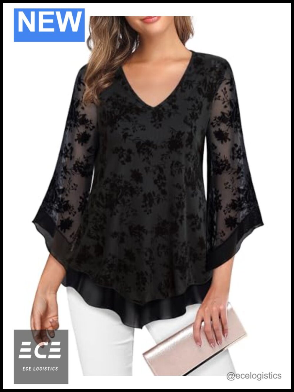Womens Dressy Mesh Blouse Ruffled 3/4 Sleeve Tunic Top